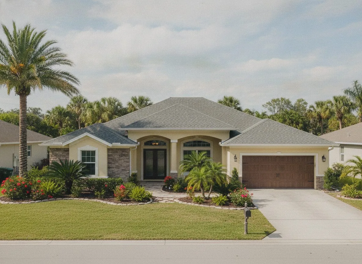 Light concrete driveway in front of a stucco home