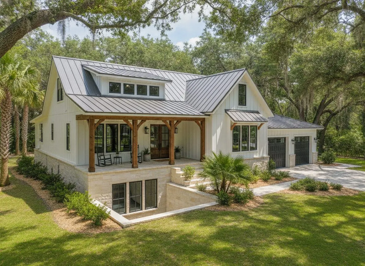 Metal-roof home among oak trees
