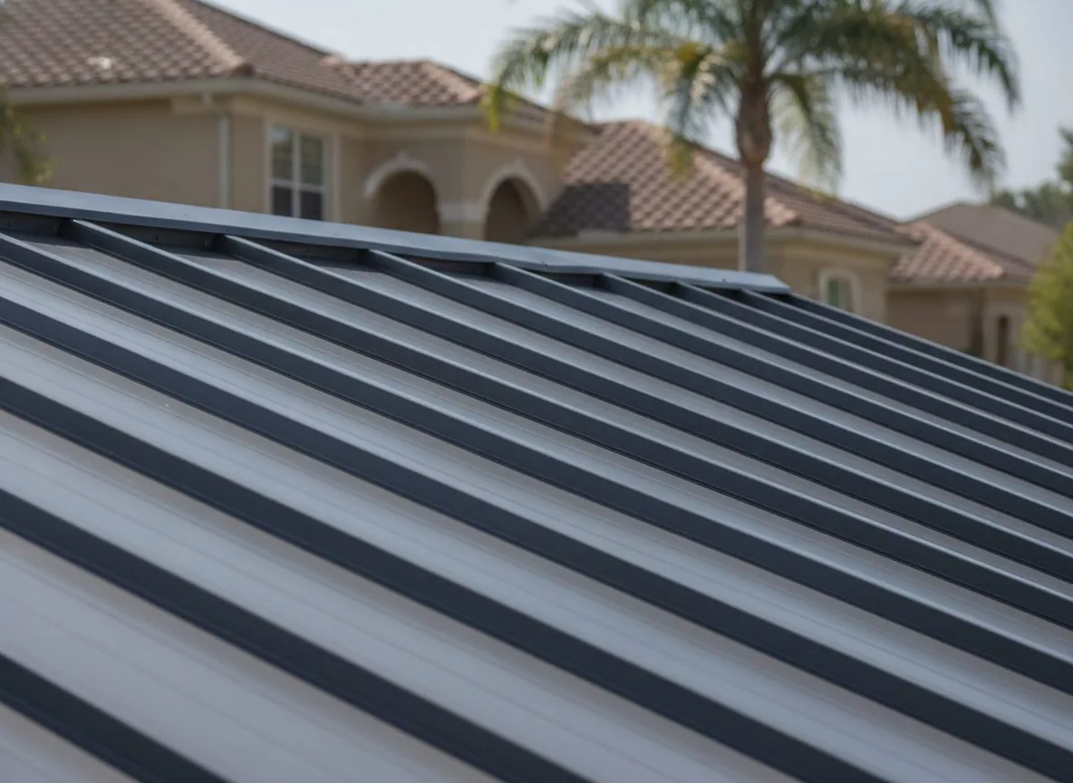 Close-up of standing-seam metal roof panels in Florida sun