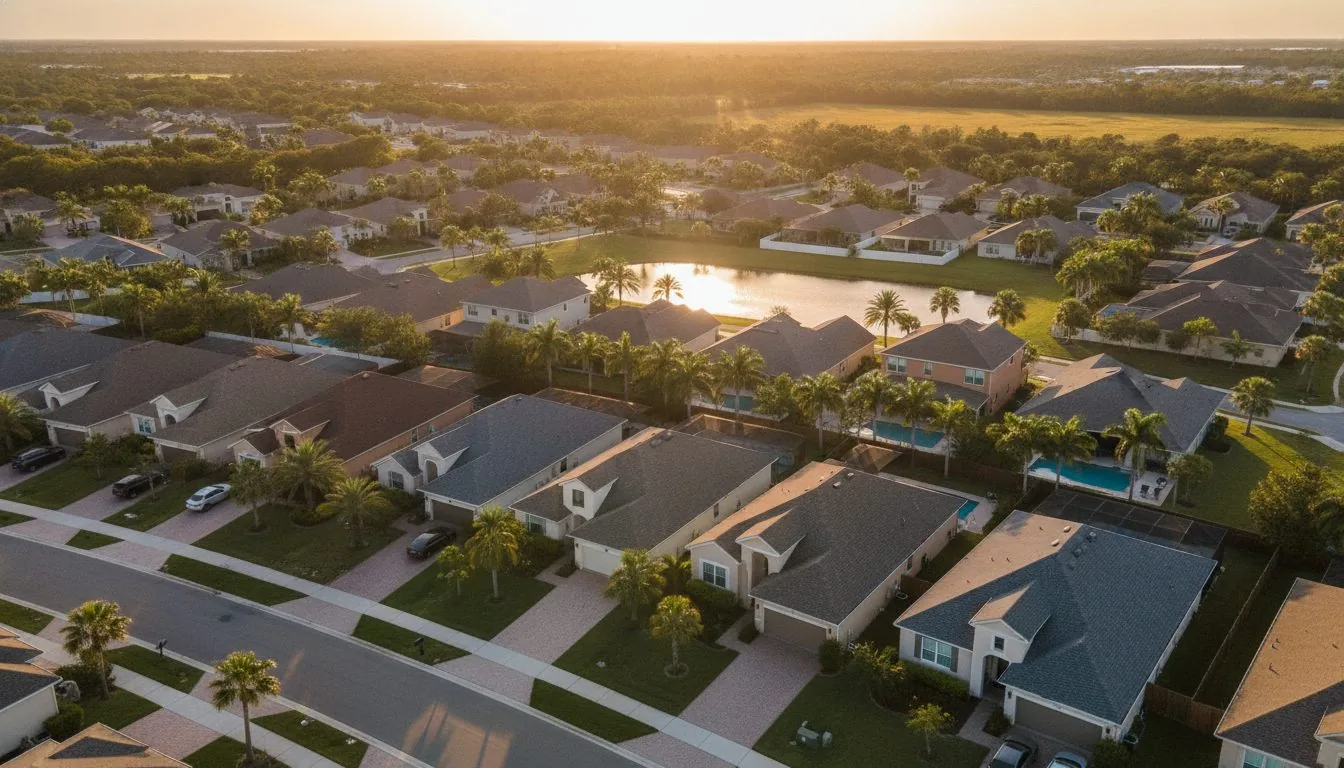 Florida neighborhood of homes and pools at golden hour