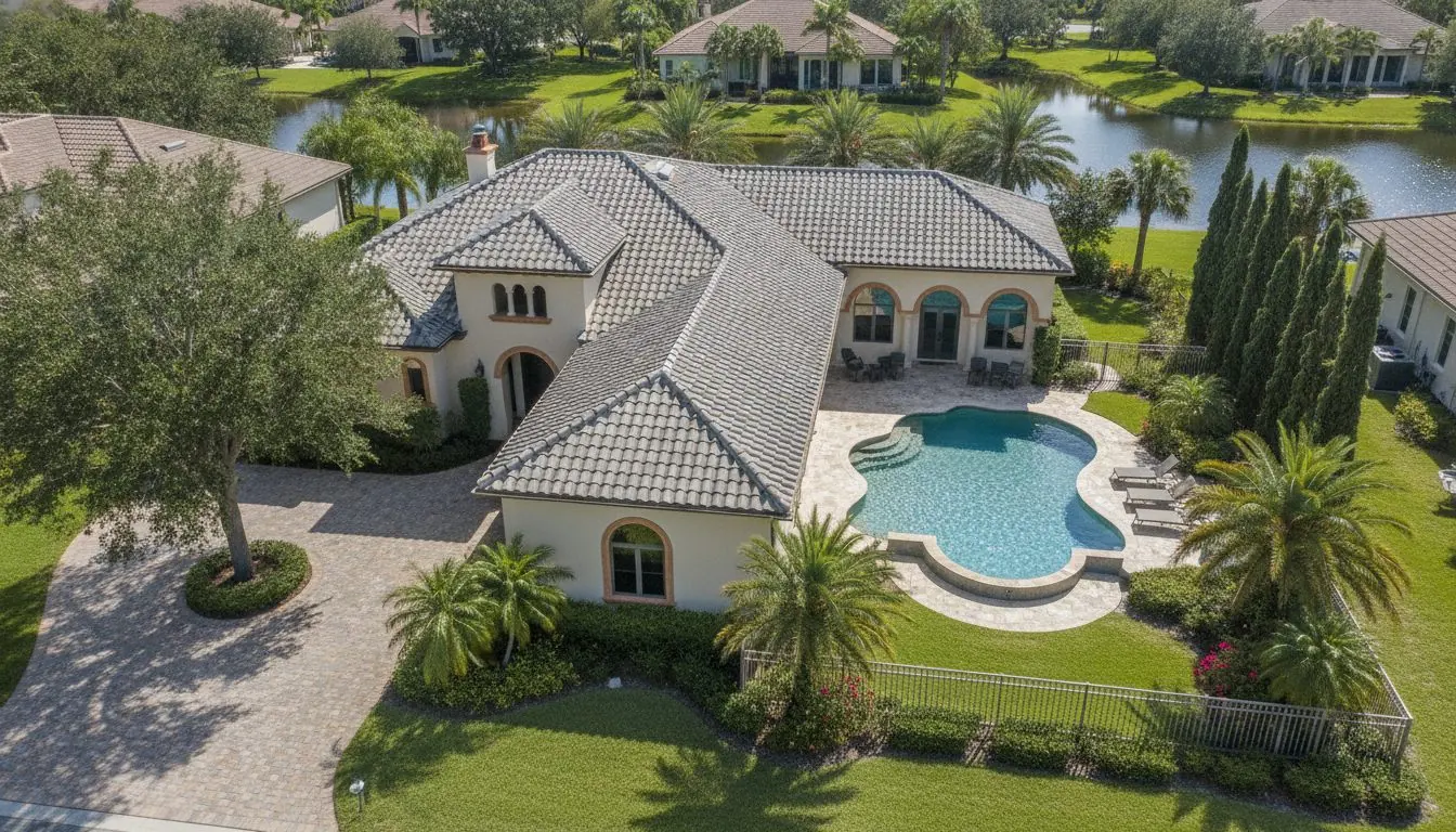 Aerial view of a pool deck and paver drive