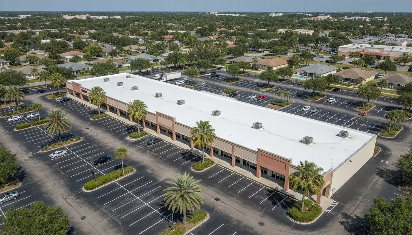 Retail strip with a white roof and a large parking lot