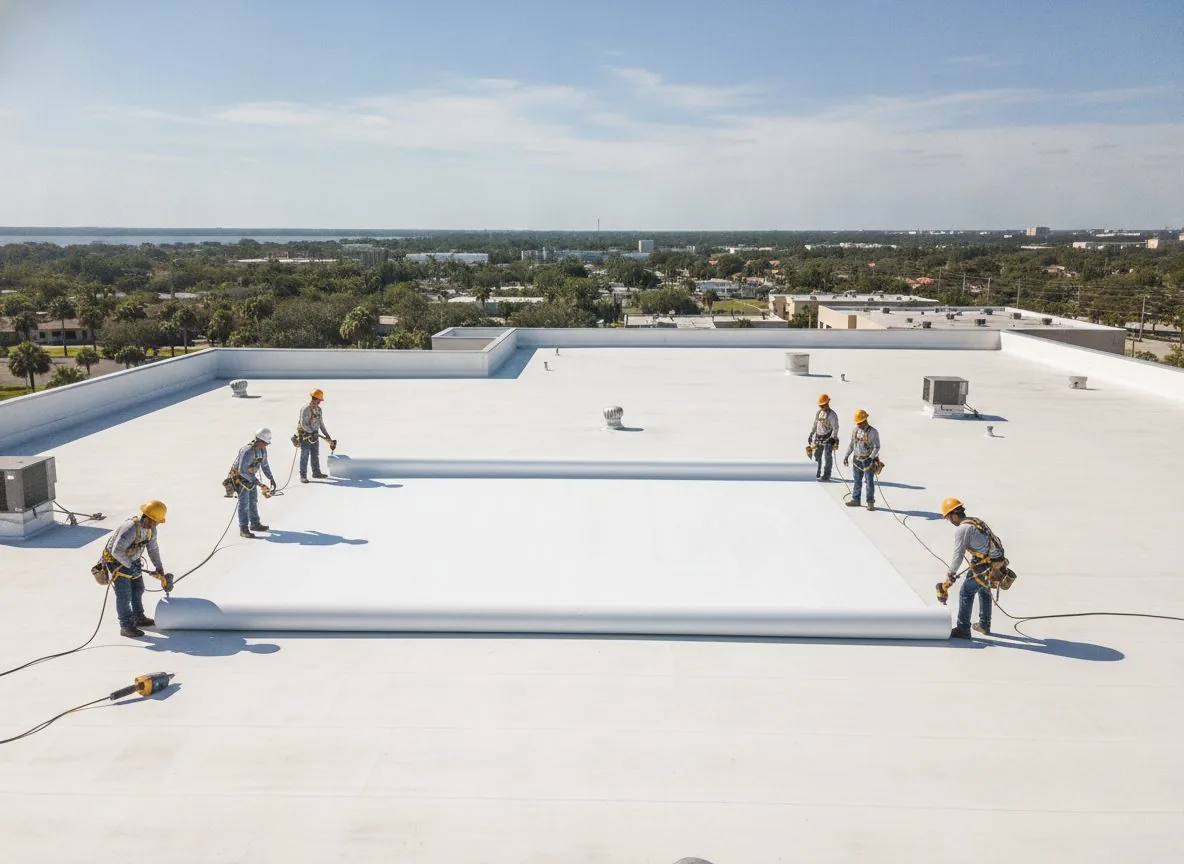 Crew applying a white membrane on a flat roof