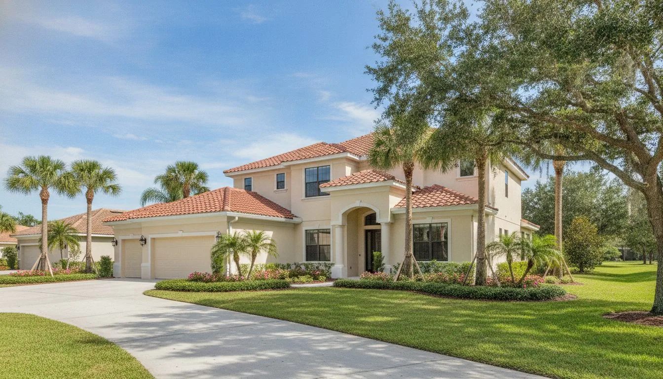 Tile-roof Florida home with a long light concrete driveway